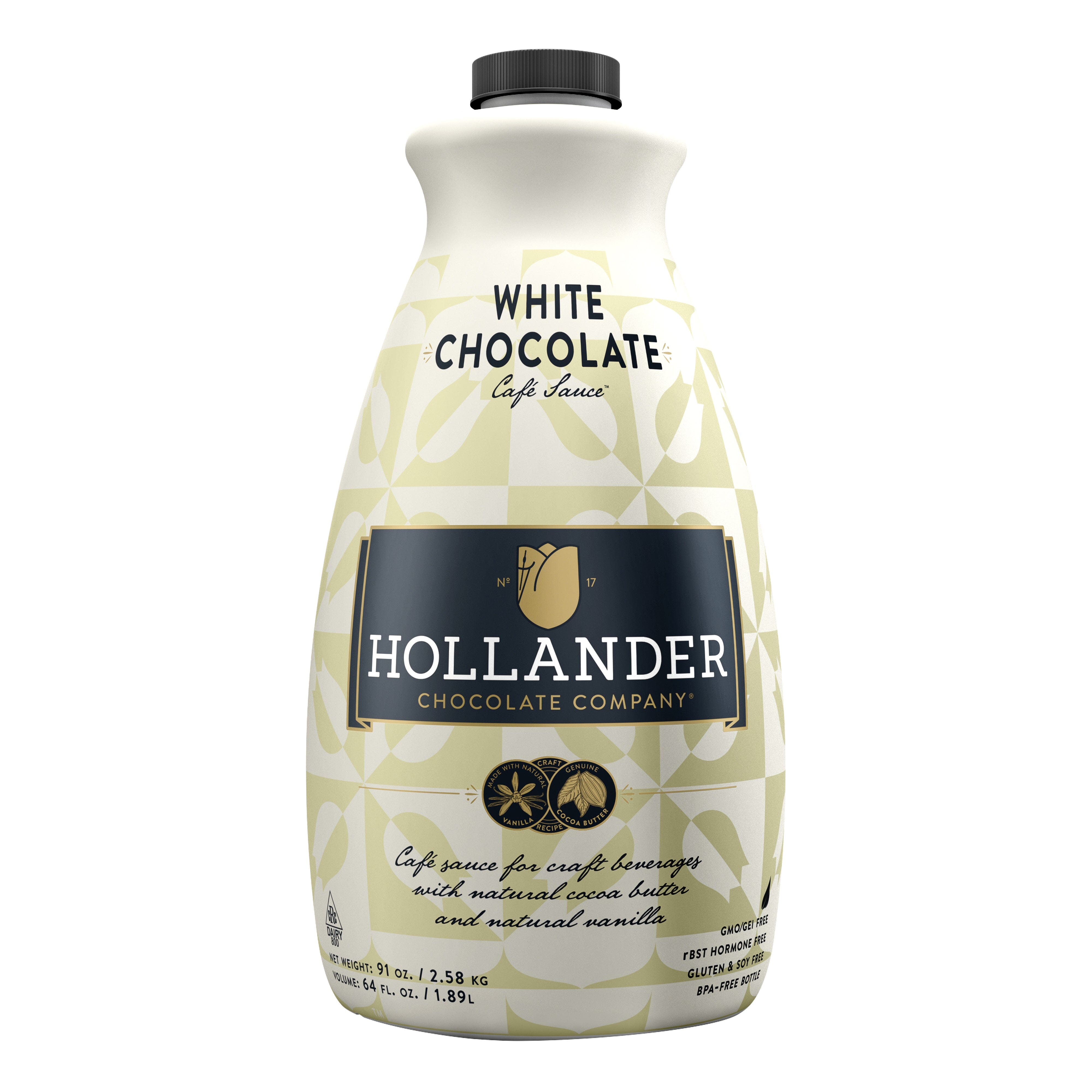 hollander white chocolate sauce ground, front view with no pump